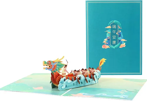 Miniatura 2 de Tarjeta de felicitación del festival de barcos del dragón chino, tarjetas de papel emergentes 3D con sobre para fiesta de Año Nuevo, regalo del día