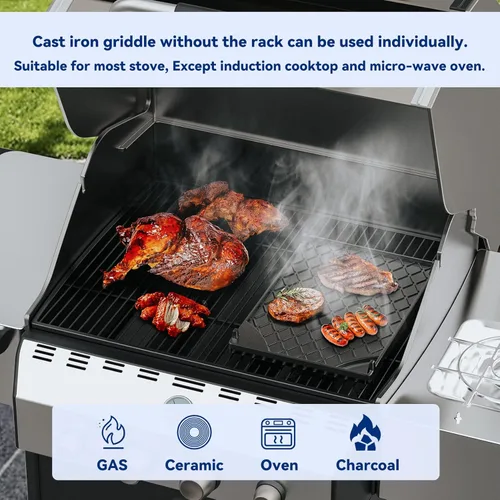 Miniatura 6 de Skyflame Plancha universal de hierro fundido, parrilla de gas plana con rejilla extraíble y bordes elevados, apto para la mayoría de parrillas