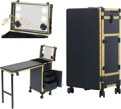 Miniatura 11 de Mesa de manicura portátil rodante con 3 cajones, estuche de maquillaje con cerradura con espejo y organizador de esmalte de uñas, escritorio de uñas