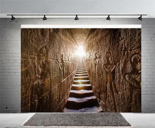 Miniatura 2 de Telón de fondo del templo egipcio de 5 x 3 pies, escalera antigua, luz tenue antigua, misteriosa, tallas jeroglíficas, decoración para colgar