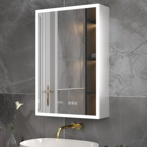 Miniatura 12 de ExBrite Botiquín iluminado de 28 x 32 pulgadas, armario con espejo LED empotrado/superficie con reloj y pantalla de temperatura, desempañamiento