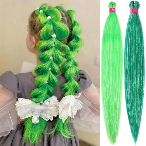 Miniatura 35 de Cabello trenzado verde con lentejuelas de 26 pulgadas, preestirado, trenzas de textura Yaki, extensiones de cabello pre plumadas, 3 paquetes, fácil