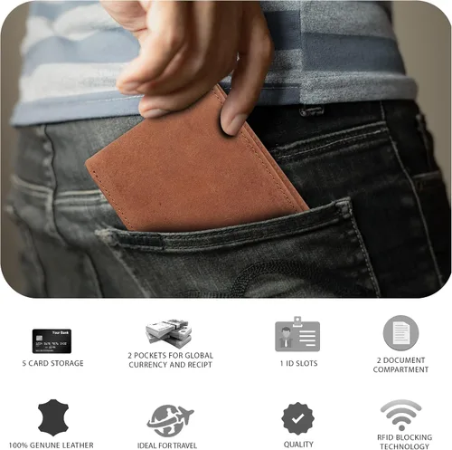 Miniatura 12 de Cartera delgada de cuero para hombre, bloqueo RFID, bolsillo frontal minimalista, delgada y elegante con ventana de identificación, regalo