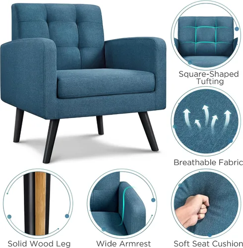 Miniatura 6 de Yaheetech Sillas de acento de mediados del siglo, silla moderna tapizada para sala de estar, sillón acogedor con respaldo abotonado y patas de Azul