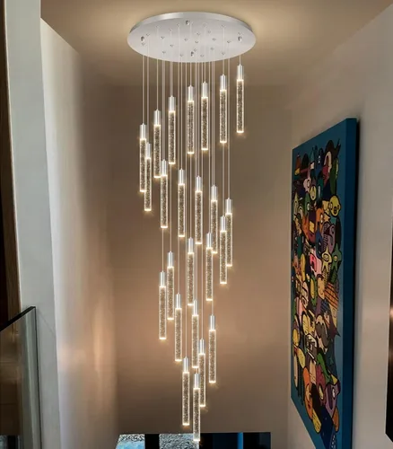 Miniatura 21 de HAIXIANG Candelabro de techo alto de 118 pulgadas, colgantes lineales de cristal, regulables remotos, techos inclinados compatibles, negro mate