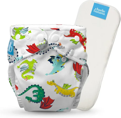 Charlie Banana Pañales de tela, reutilizables, lavables, ajustables, talla única, para bebés y niños pequeños, con inserto absorbente, Mr Dragon, 1