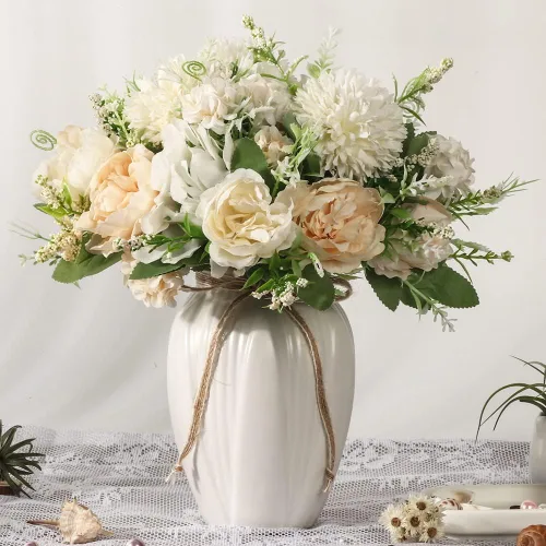 Miniatura 10 de Flores artificiales de peonías en jarrón, ramo de flores de peonía de seda de hortensias falsas con florero, arreglo de flores sintéticas, Azul