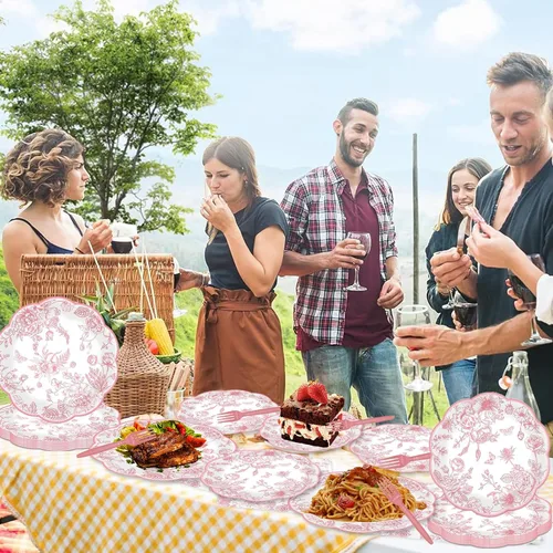 Miniatura 4 de Juego de 250 platos y servilletas florales rosas, 50 invitados, juego de vajilla desechable festoneada rosa y blanco, platos de papel vintage
