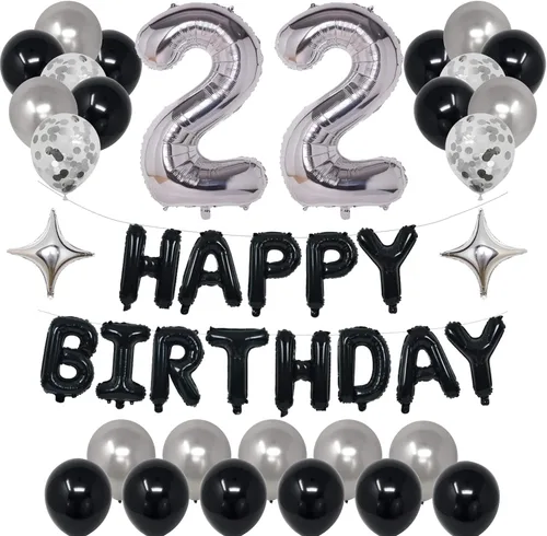 Miniatura 7 de Decoraciones de fiesta de cumpleaños color negro y plateado para niños y niñas, suministros de fiesta de cumpleaños número 14 con pancarta negra