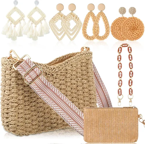 Sweetude Bolso de mano de paja para mujer, juego de aretes de ratán, bolsa de paja de verano, playa, bolso bohemio, cartera tejida para vacaciones