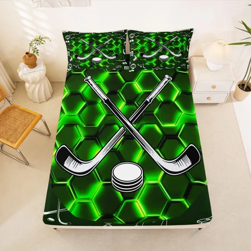 Miniatura 8 de Sábana bajera ajustable de hockey sobre hielo, tamaño individual, para adolescentes y niñas, juego de ropa de cama de hockey para decoración de sala