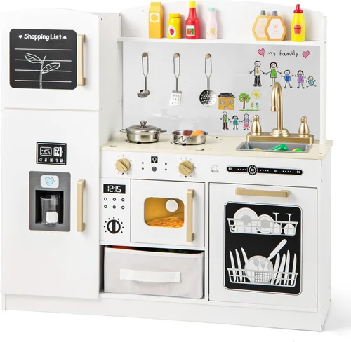 Miniatura 11 de HONEY JOY Cocina de Juguete de Madera con Diseño de Ratán, Juego de Cocina de Juguete para Niños Pequeños, Estufa con Luces y Dispensador de Agua