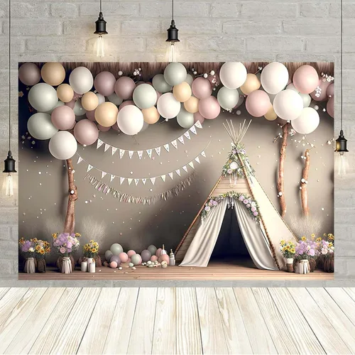 Miniatura 6 de XUNJIN NO.01 - Fondo de fotografía de globo rosa bohemio para niños, fiesta de primer cumpleaños, pastel, retrato, decoración de fotos, telón