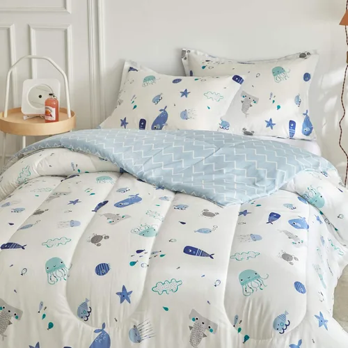 Miniatura 3 de Joyreap Juego de edredón de algodón premium de 3 piezas para niños y niñas, tema oceánico vibrante con estampado de estrella de mar, ballena