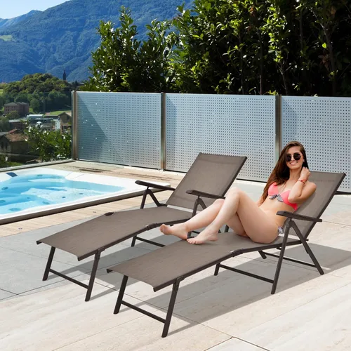 Miniatura 6 de Tangkula Sillón plegable para exteriores, tumbona reclinable con respaldo ajustable de 5 posiciones y reposapiés de 2 posiciones, no requiere Marrón