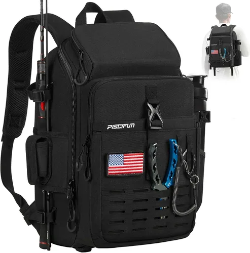 Piscifun - Mochila para equipo de pesca con soporte para caña y equipo, bolsa de almacenamiento para equipo de pesca ligera con cubierta protectora