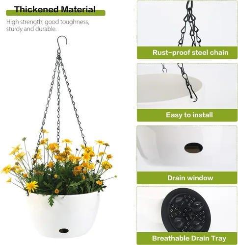 Miniatura 6 de Sungmor Maceta colgante de riego automático para plantas de interior, 9.4 y 11.2 pulgadas, paquete de 2 cestas colgantes grandes de plástico blanco