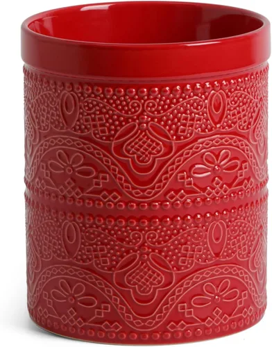 FUN ELEMENTS Soporte para utensilios de cocina, 7.2" Recipiente para utensilios súper grande pesado y estable de cerámica con relieve de encaje para