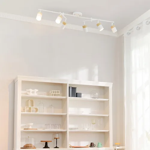 Miniatura 4 de Globe Electric 64000055 - Iluminación de riel de 6 luces de 42", barra central doble giratoria, color blanco mate, acentos en tono madera, luz