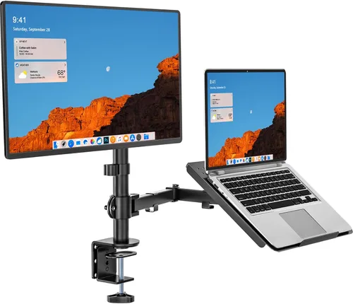 WALI Soporte para laptop y monitor, soporte para monitor totalmente ajustable y bandeja para laptop para 1 portátil de hasta 17 pulgadas y 1