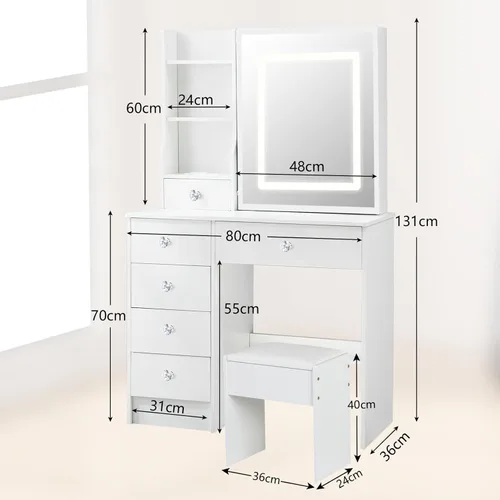 Miniatura 2 de Escritorio blanco cálido con espejo iluminado LED, mesa de tocador de maquillaje con armario izquierdo iluminado, 6 cajones y taburete, tocador