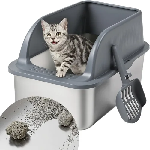Miniatura 10 de Caja de arena cerrada de acero inoxidable para gatos con tapa y alfombra, caja de arena extra grande para gatos con cajón, caja de metal para gatos