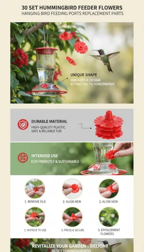 Miniatura 5 de Hyuduo 30 piezas de repuesto para comedero de colibríes, anillos de comedero de colibríes, puertos de alimentación de flores para comederos de Rojo