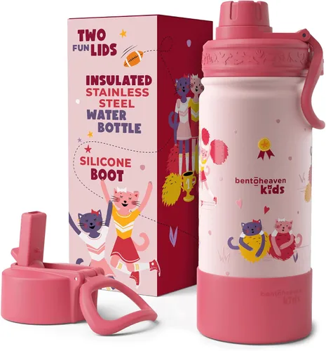 Miniatura 8 de Bentoheaven Botella de agua para niños de acero inoxidable para niños y niñas, 2 tapas (pico y pajita), asa y bota de silicona, vaso aislado