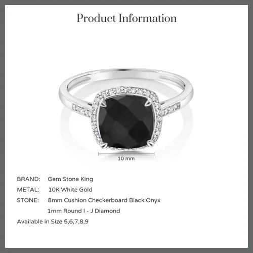 Miniatura 7 de Gem Stone King Anillo de compromiso de oro blanco de 10 quilates con ónix negro para mujer 211 quilates con corte de tablero de ajedrez piedra natal