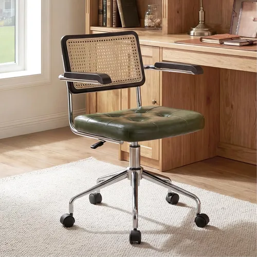 Miniatura 12 de Zesthouse Silla de escritorio de oficina de cuero con ruedas, silla de escritorio con ruedas de mediados de siglo con brazo de madera y respaldo