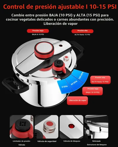 Miniatura 4 de Olla a presión de acero inoxidable de 5.3 cuartos de galón, olla a presión pequeña con tapa de bloqueo con una mano, sistema de seguridad de doble