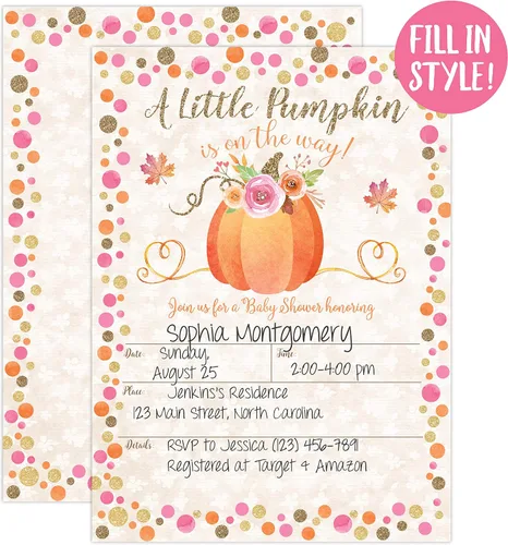 Miniatura 2 de Invitaciones para baby shower de otoño con diseño de calabaza, sobres de tamaño A7 incluidos, cartulina pesada de alta calidad, dos caras, diseño