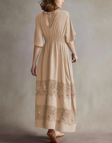 Miniatura 86 de Vestido largo de encaje para mujer de manga corta y cuello en V, vestido de fiesta estilo bohemio con cintura fruncida, vestido bohemio para mujer