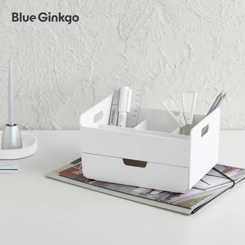 Miniatura 5 de BLUE GINKGO Organizador de escritorio portátil, compacto, 3 compartimentos, almacenamiento de medio cajón, soporte para bolígrafos, organizador