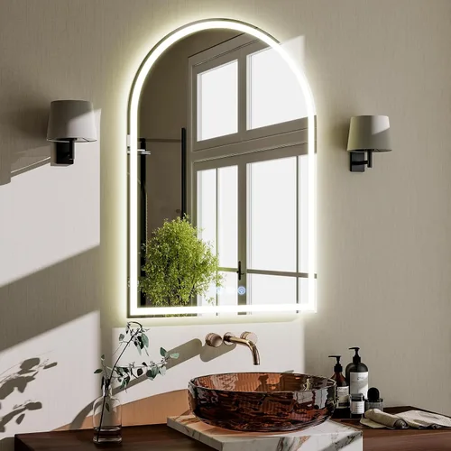 Miniatura 10 de BEAUTYPEAK Espejo de baño con arco LED de 34 x 30 pulgadas con luces, antiniebla, regulable, retroiluminado + iluminado frontal, espejo de tocador