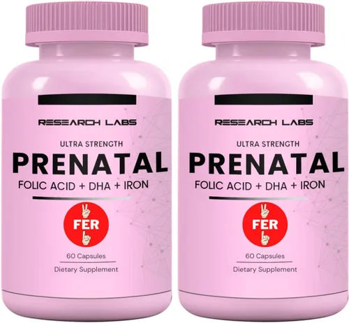 Research Labs Vitaminas prenatales para mujeres 2 Fer 1 anuncio: 6 veces más ácido fólico metilado biodisponible MTHF 5 | Apoya el desarrollo