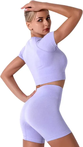 Miniatura 5 de Conjunto de yoga para mujer sin costuras pantalones cortos de ejercicio de cintura alta con brasier deportivo 3 piezas conjunto deportivo