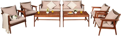 Miniatura 14 de Tangkula juego de 4 sofás de madera de patio, juego de asientos de madera de acacia para exterior con cojines y mesa de centro, juego de sofá