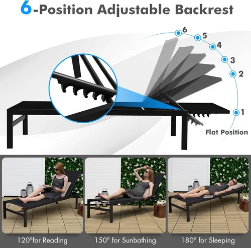 Miniatura 5 de Tangkula Tumbona de aluminio para patio, sillón ajustable para exteriores con respaldo de 6 posiciones, marco de aluminio resistente, tela Negro