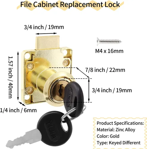 Miniatura 5 de Cerraduras para gabinete de archivos con llave, 7/8 pulgadas/0.866 in de longitud cilíndrica para buzón de correo de escritorio, cajón de Dorado