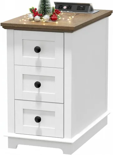 Miniatura 10 de HIFYOBRO - Mesa auxiliar con 3 cajones y estación de carga con tapa abatible, mesa auxiliar con almacenamiento, mesita de noche estrecha de madera