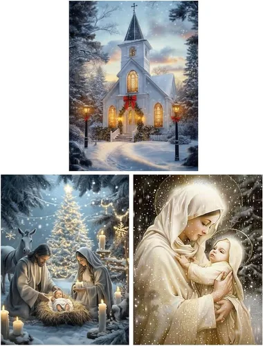NEGEKFKX Paquete de 3 kits de arte de diamantes de Jesús para adultos principiantes, kits de pintura de diamantes cristianos para adultos, taladro