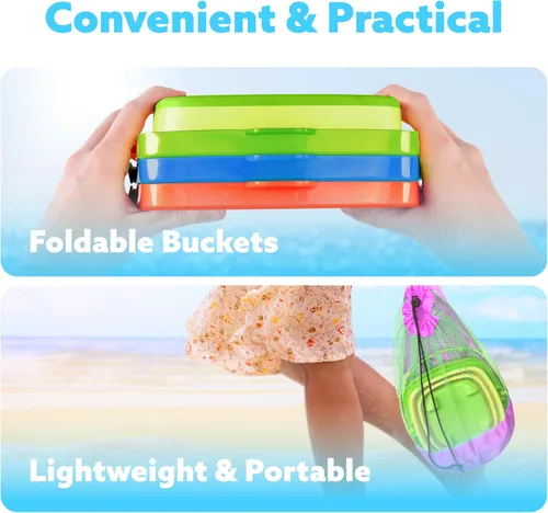 Miniatura 4 de Sloosh Paquete de 3 juguetes plegables de arena, cubo cuadrado plegable de silicona para playa con 3 palas para jugar en caja de arena, fiesta