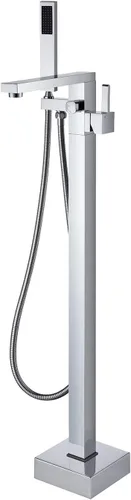 Wowkk Grifo de Bañera Independiente Grifo de Llenado de Bañera Cromado Montaje en Piso Grifo de Baño de Latón Manija Única con Ducha de Mano Cromo