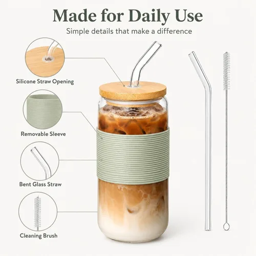 Miniatura 5 de Taza de bambú de vidrio de 16 onzas con tapa y pajita, juego de tazas de café de vidrio de 16 onzas, batido, cerveza, jugo, matcha, vasos estéticos