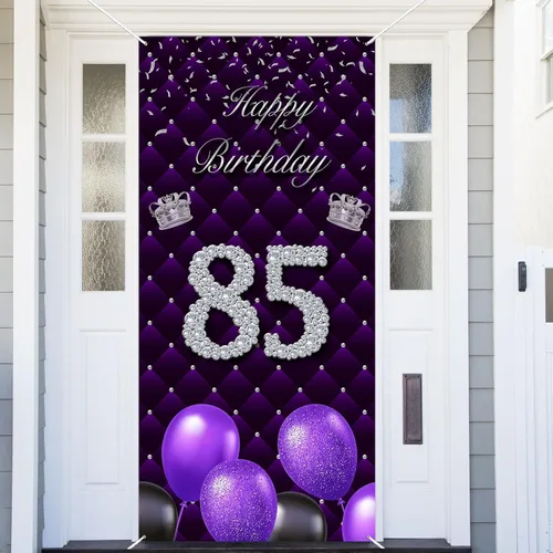 Miniatura 46 de Cartel morado de feliz primer cumpleaños telón de fondo para cabina de fotos, globos de corona plateada, decoración temática para niña, aniversario