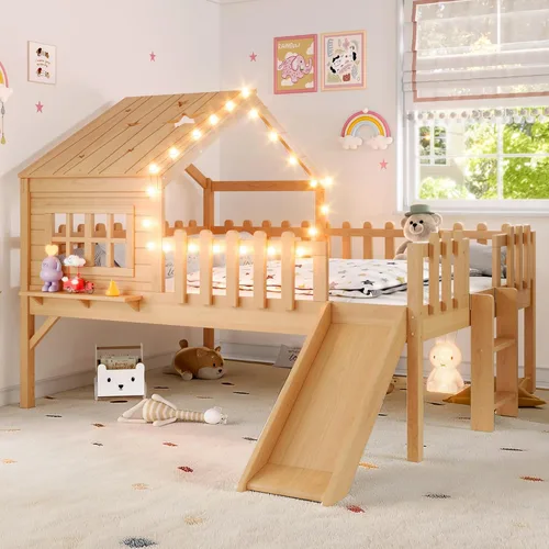 Miniatura 31 de Marco de cama de tamaño matrimonial para niños con escaleras, bonito techo y ventana en forma de estrella para niños y niñas, cama de plataforma