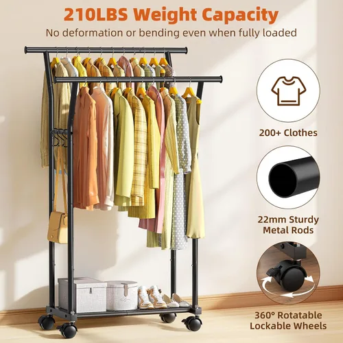 Miniatura 6 de Luxspire Perchero de doble barra para colgar ropa, perchero con ganchos laterales, estantes inferiores, ruedas de 360°, percheros para dormitorio