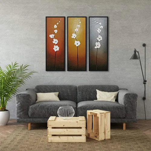 Wieco Art 3 paneles enmarcados negros pintados a mano abstractos florales lienzo arte de pared, pintura al óleo moderna de flores, decoración lista