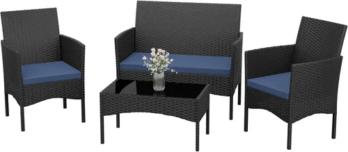 Miniatura 95 de Kurapika juego de muebles de patio 4 piezas de mimbre al aire libre, sillas de ratán, juego informal con mesa de café, juego de bistró con mecedora